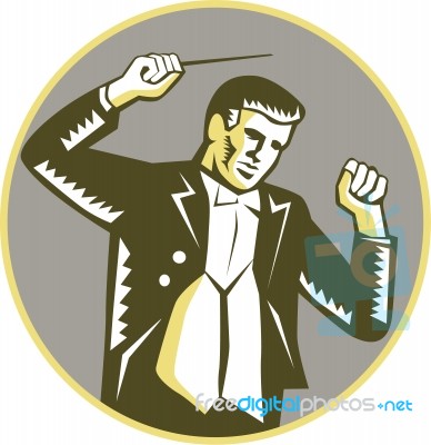 Conductor Waving Baton Circle Woodcut Stock Image