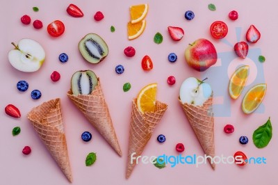 Cones And Colorful Various Fruits Raspberry ,blueberry ,strawber… Stock Photo