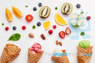 Cones And Colorful Various Fruits Raspberry ,blueberry ,strawber… Stock Photo