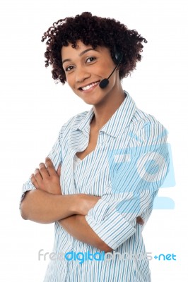 Confident Smiling Female Telecaller Stock Photo