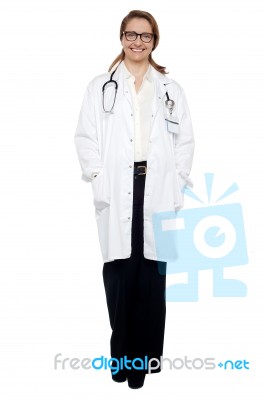 Confident Smiling Nurse, Full Length Portrait Stock Photo