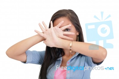 Confident Woman Making Stop Gesture Sing With Hand Stock Photo