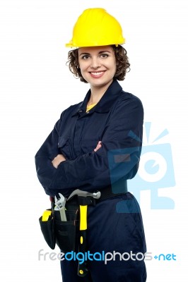 Confident Young Woman In Jumpsuit Stock Photo