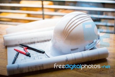 Construction Concept Image Helmet Rolled Blueprints On Wooden Bo… Stock Photo