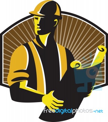 Construction Engineer Worker Building Plan Retro Stock Image