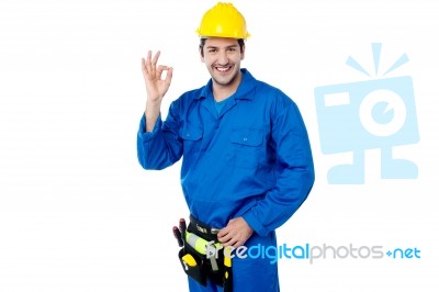 Construction Guy Gesturing Okay Sign Stock Photo