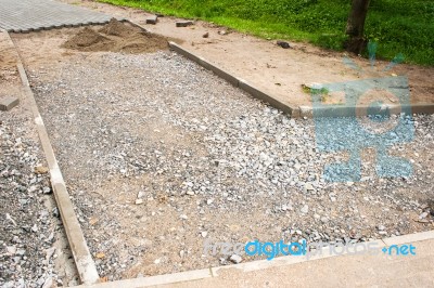 Construction Of A New Pavement Of Paving Slabs Stock Photo