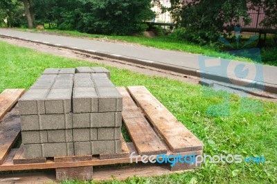 Construction Of A New Pavement Of Paving Slabs Stock Photo