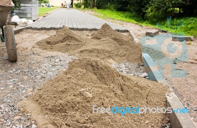 Construction Of A New Pavement Of Paving Slabs Stock Photo