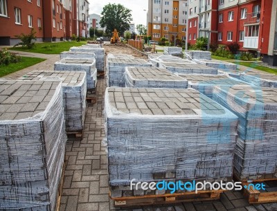 Construction Of A New Road With Paving Slabs Stock Photo