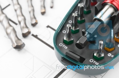 Construction Plan Tools Stock Photo