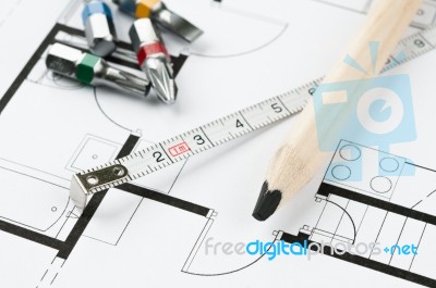 Construction Plan Tools Stock Photo