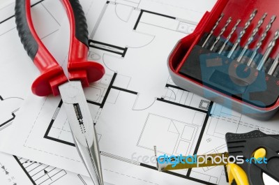 Construction Plan Tools Stock Photo