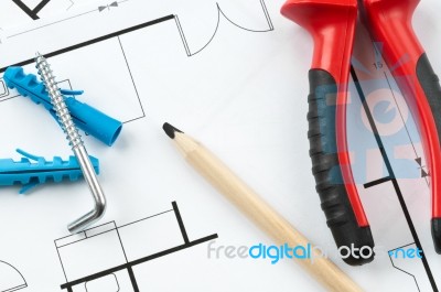 Construction Plan Tools Stock Photo