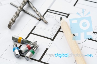 Construction Plan Tools Stock Photo