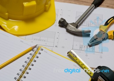 Construction Plan With Tools Stock Photo