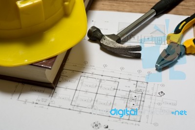 Construction Plan With Tools Stock Photo