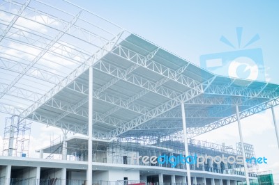 Construction Site Roof With Blue Sky Stock Photo