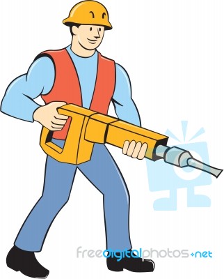 Construction Worker Holding Jackhammer Cartoon Stock Image