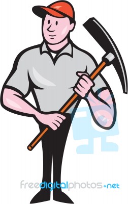 Construction Worker Holding Pickaxe Cartoon Stock Image