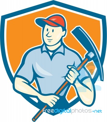 Construction Worker Holding Pickaxe Shield Cartoon Stock Image