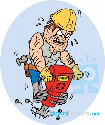 Construction Worker Jackhammer Drilling Cartoon Stock Image