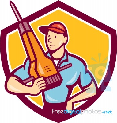 Construction Worker Jackhammer Shield Cartoon Stock Image