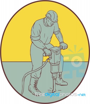 Construction Worker Operating Jackhammer Oval Drawing Stock Image