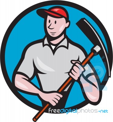 Construction Worker Pickaxe Circle Cartoon Stock Image