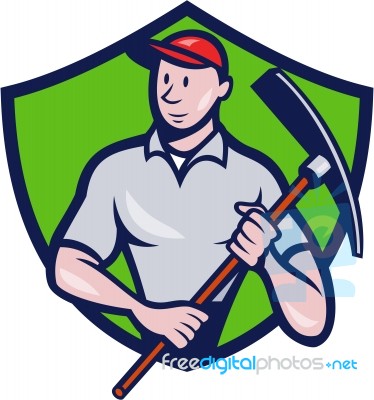 Construction Worker Pickaxe Crest Cartoon Stock Image