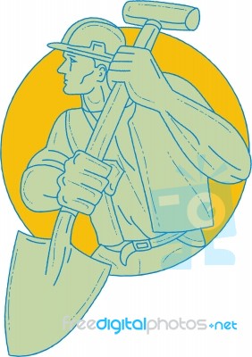 Construction Worker Shovel Circle Drawing Stock Image