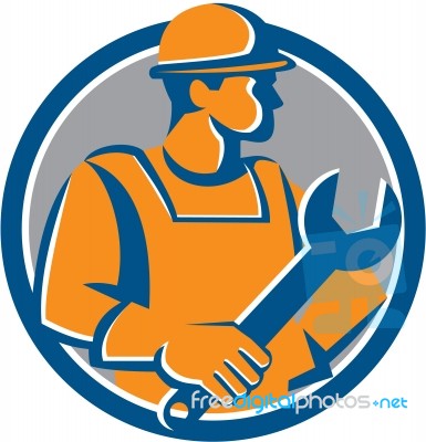 Construction Worker Spanner Circle Cartoon Stock Image