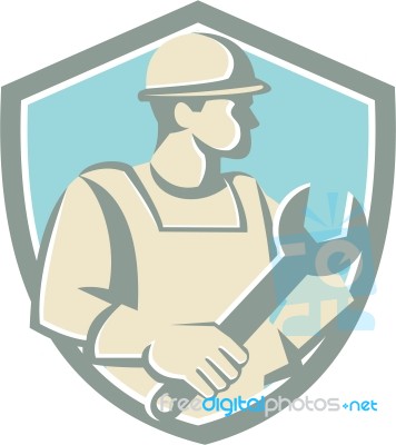 Construction Worker Spanner Shield Cartoon Stock Image