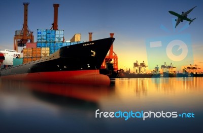 Container Ship In Import,export Port Against Beautiful Morning Light Of Loading Ship Yard Use For Freight And Cargo Shipping Vessel Transport Stock Photo