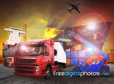 Container Truck In Shipping Port Use For Transport,logistic And Cargo Freight Import - Export Industry Stock Photo