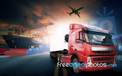 Container Truck ,ship In Port And Freight Cargo Plane In Transport And Import-export Commercial Logistic ,shipping Business Industry Stock Photo