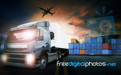 Container Truck ,ship In Port And Freight Cargo Plane In Transport And Import-export Commercial Logistic ,shipping Business Industry Stock Photo