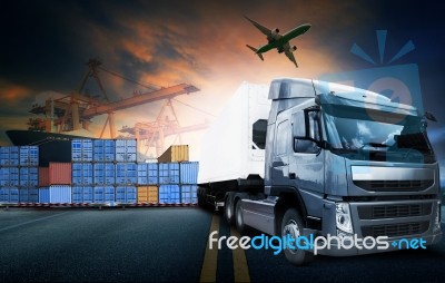 Container Truck ,ship In Port And Freight Cargo Plane In Transport And Import-export Commercial Logistic ,shipping Business Industry Stock Photo