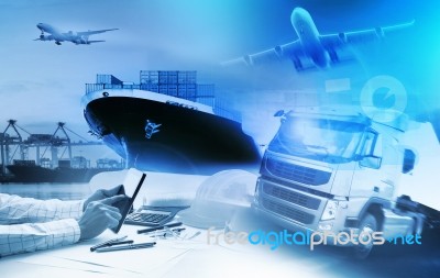 Container Truck ,ship In Port And Freight Cargo Plane In Transport And Import-export Commercial Logistic ,shipping Business Industry Stock Photo