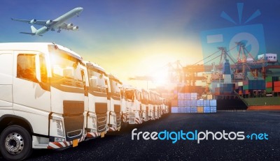 Container Truck ,ship In Port And Freight Cargo Plane In Transport And Import-export Commercial Logistic ,shipping Business Industry Stock Photo