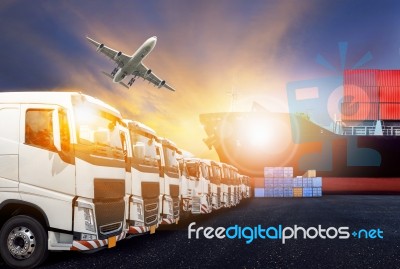 Container Truck ,ship In Port And Freight Cargo Plane In Transport And Import-export Commercial Logistic ,shipping Business Industry Stock Photo