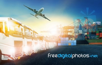 Container Truck ,ship In Port And Freight Cargo Plane In Transport And Import-export Commercial Logistic ,shipping Business Industry Stock Photo