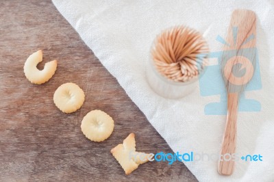 Cook Alphabet Biscuit With Fusili Pasta Alphabet Biscuit On Wooden Table Stock Photo