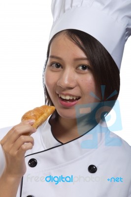 Cook Bread Woman Show Stock Photo