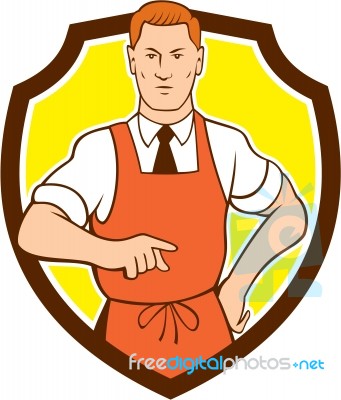 Cook Chef Pointing Shield Cartoon Stock Image