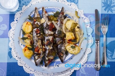 Cooked Mackerel Fish With Potato Stock Photo