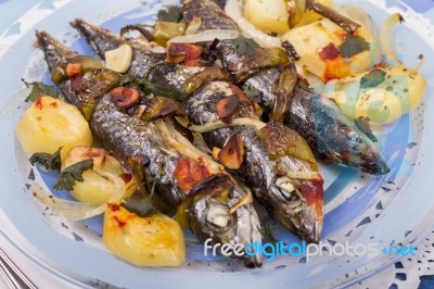 Cooked Mackerel Fish With Potato Stock Photo