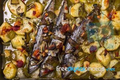 Cooked Mackerel Fish With Potato Stock Photo