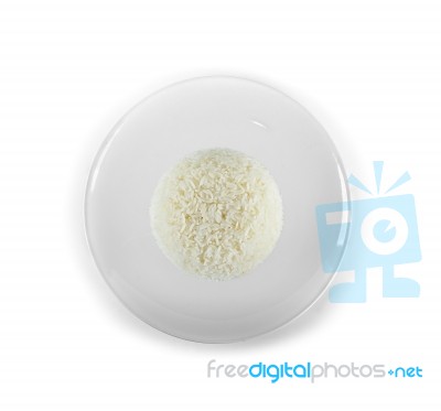 Cooked Rice With Plate Isolated On White Background Stock Photo