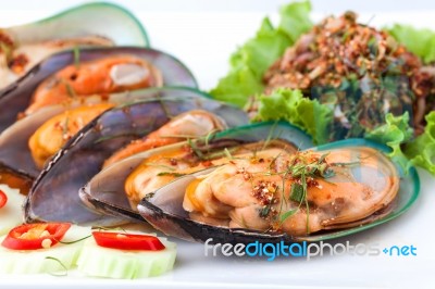 Cooked Shellfish With Spicy Salad Stock Photo